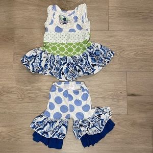 Giggle Moon matching set— blue and green polka dots. Size 9M.